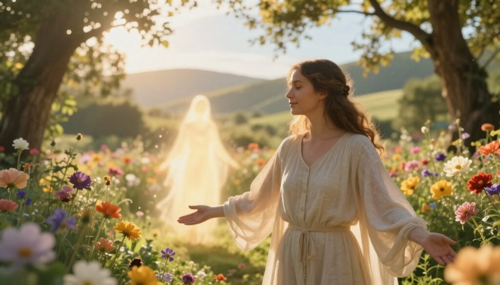 A serene dreamscape depicting a luminous, ethereal garden filled with vibrant flowers, softly illuminated by warm golden sunlight filtering through lush trees. In the foreground, a gentle, compassionate woman in modest, flowing attire, representing a motherly figure, stands with open arms, radiating warmth and love. In the middle ground, a comforting spirit-like presence of light floats around her, suggesting positive energy and protection. The background reveals rolling hills under a clear sky, creating a peaceful yet uplifting atmosphere. The lens should capture a close-up angle to highlight emotions, with a soft focus on the background to enhance the dreamlike quality. The overall mood is one of hope, tranquility, and maternal love, evoking a sense of positive messages from dreams about mothers. A serene dreamscape depicting a luminous, ethereal garden filled with vibrant flowers, softly illuminated by warm golden sunlight filtering through lush trees. In the foreground, a gentle, compassionate woman in modest, flowing attire, representing a motherly figure, stands with open arms, radiating warmth and love. In the middle ground, a comforting spirit-like presence of light floats around her, suggesting positive energy and protection. The background reveals rolling hills under a clear sky, creating a peaceful yet uplifting atmosphere. The lens should capture a close-up angle to highlight emotions, with a soft focus on the background to enhance the dreamlike quality. The overall mood is one of hope, tranquility, and maternal love, evoking a sense of positive messages from dreams about mothers.
