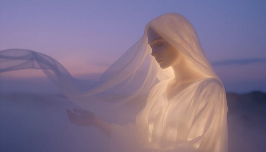 A serene dreamscape depicting a mother figure, representing the symbolism of maternal presence in dreams. In the foreground, a soft glowing silhouette of a woman with gentle features, dressed in modest clothing, appears ethereal, as if emerging from a mist. Her expression is one of calmness and wisdom, symbolizing love and guidance. In the middle ground, delicate wisps of clouds intertwine with subtle imagery of flowing fabric, evoking a sense of nostalgia and memory. The background features a soothing twilight sky, painted in hues of lavender and deep blue, with stars just beginning to twinkle, enhancing the dreamlike atmosphere. The lighting is soft and warm, bathing the scene in a comforting glow, creating a mood of reflection and peace. The composition should draw the viewer into a contemplative state, embodying the essence of dreams about mothers. A serene dreamscape depicting a mother figure, representing the symbolism of maternal presence in dreams. In the foreground, a soft glowing silhouette of a woman with gentle features, dressed in modest clothing, appears ethereal, as if emerging from a mist. Her expression is one of calmness and wisdom, symbolizing love and guidance. In the middle ground, delicate wisps of clouds intertwine with subtle imagery of flowing fabric, evoking a sense of nostalgia and memory. The background features a soothing twilight sky, painted in hues of lavender and deep blue, with stars just beginning to twinkle, enhancing the dreamlike atmosphere. The lighting is soft and warm, bathing the scene in a comforting glow, creating a mood of reflection and peace. The composition should draw the viewer into a contemplative state, embodying the essence of dreams about mothers.