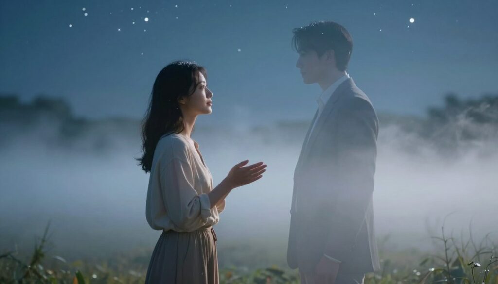 A serene dreamscape depicting an ethereal dialogue between a living individual and a deceased loved one. In the foreground, a woman in modest casual clothing, with a soft expression, is engaging in conversation with a translucent figure of a man, dressed in a timeless suit. The middle ground features a gentle flow of mist, symbolizing the boundary between life and the afterlife. The background showcases a moonlit night sky filled with stars, creating a tranquil atmosphere. Soft, diffused lighting highlights the emotional connection, casting a gentle glow on the figures. The overall mood is reflective and poignant, evoking a sense of peace and communication beyond life. The composition is centered, with a subtle depth of field to focus on the two figures, set in a dreamlike quality.