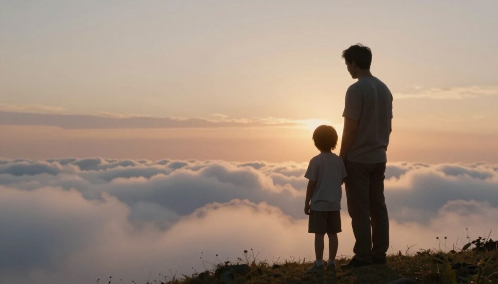 A serene dreamscape depicting common themes of dreams about a father. In the foreground, a warm, gentle light illuminates the silhouette of a father figure standing protectively over a child, representing guidance and comfort. In the middle ground, soft clouds and ethereal shapes flow seamlessly, symbolizing the dreamlike nature of the experience, with hints of familial warmth. The background features a tranquil landscape, perhaps a softly glowing horizon at dusk, enhancing feelings of nostalgia and reflection. The mood is peaceful and reflective, inviting a sense of understanding and connection. The lighting is soft and diffused, creating an enchanting atmosphere; the composition is shot at a slightly elevated angle to capture depth, emphasizing the bond between father and child. A serene dreamscape depicting common themes of dreams about a father. In the foreground, a warm, gentle light illuminates the silhouette of a father figure standing protectively over a child, representing guidance and comfort. In the middle ground, soft clouds and ethereal shapes flow seamlessly, symbolizing the dreamlike nature of the experience, with hints of familial warmth. The background features a tranquil landscape, perhaps a softly glowing horizon at dusk, enhancing feelings of nostalgia and reflection. The mood is peaceful and reflective, inviting a sense of understanding and connection. The lighting is soft and diffused, creating an enchanting atmosphere; the composition is shot at a slightly elevated angle to capture depth, emphasizing the bond between father and child.