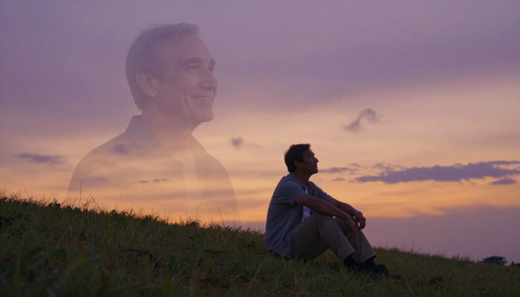 A serene dreamscape featuring a father figure, both alive and deceased, evoking a sense of nostalgia and reflection. In the foreground, a middle-aged man dressed in modest casual attire sits on a grassy hill, gazing thoughtfully into the distance. In the middle, a soft apparition of his father, an older man with a gentle smile, appears semi-translucent, symbolizing both presence and absence. The background reveals a tranquil twilight sky painted in hues of orange and purple, with wisps of clouds reflecting the fading light. The scene is bathed in a warm, ethereal glow that enhances the dreamlike quality, suggesting a connection between life and memory. The composition captures a mix of longing and peace, inviting the viewer to contemplate the symbolism of dreams involving loved ones. A serene dreamscape featuring a father figure, both alive and deceased, evoking a sense of nostalgia and reflection. In the foreground, a middle-aged man dressed in modest casual attire sits on a grassy hill, gazing thoughtfully into the distance. In the middle, a soft apparition of his father, an older man with a gentle smile, appears semi-translucent, symbolizing both presence and absence. The background reveals a tranquil twilight sky painted in hues of orange and purple, with wisps of clouds reflecting the fading light. The scene is bathed in a warm, ethereal glow that enhances the dreamlike quality, suggesting a connection between life and memory. The composition captures a mix of longing and peace, inviting the viewer to contemplate the symbolism of dreams involving loved ones.