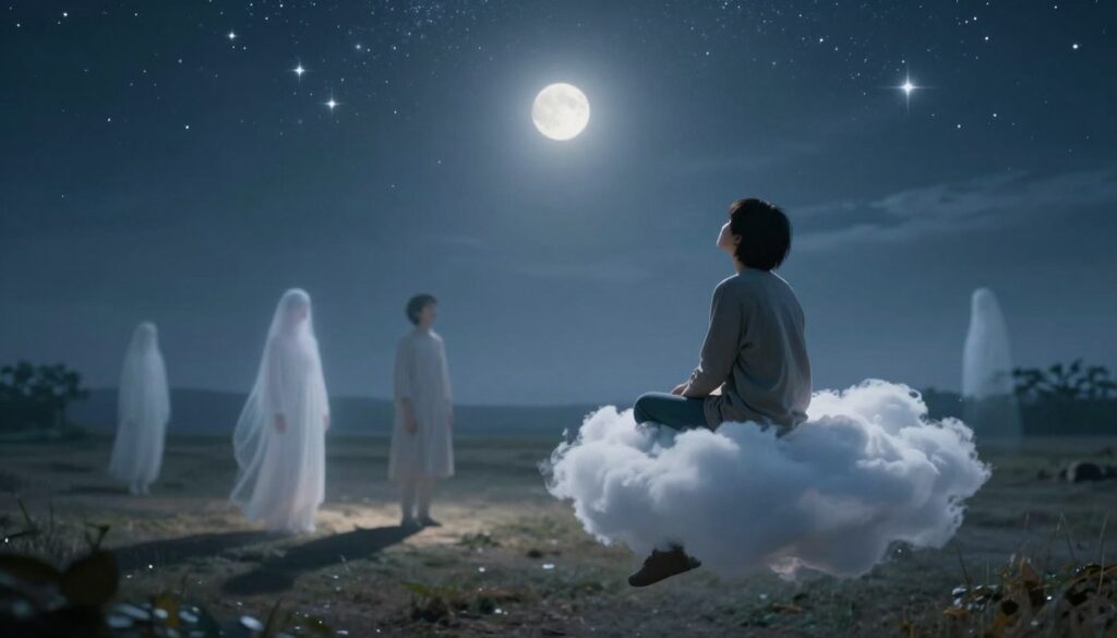A serene dreamscape representing the causes of dreams about deceased individuals. In the foreground, a thoughtful person in modest casual clothing sits on a floating cloud, gazing up at a shimmering night sky filled with soft, ethereal stars. In the middle, faint, ghostly figures of loved ones gently materialize, looking serene and comforting. The background features a tranquil landscape illuminated by a soft, silver moonlight, casting delicate shadows on the ground. The atmosphere is reflective and introspective, evoking a sense of peace and connection to the past. Soft, diffused lighting highlights the scene, creating a dreamlike quality, captured through a wide-angle lens to emphasize the depths of the dream world.