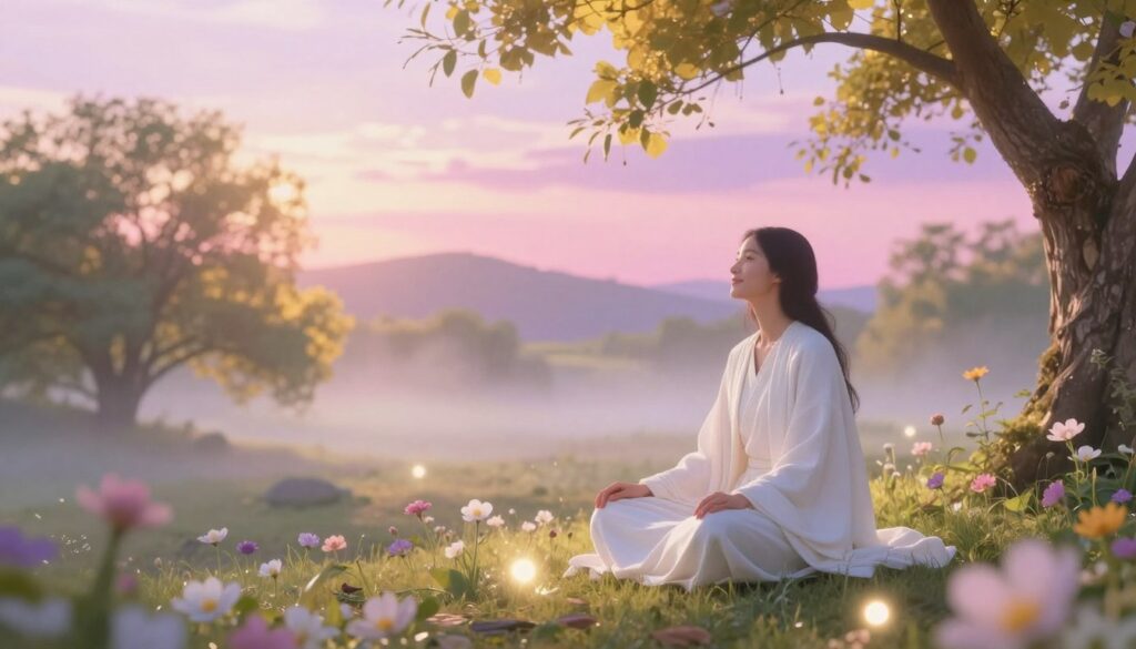 A serene dreamscape representing the positive meanings of death in dreams. In the foreground, a tranquil figure dressed in modest, flowing white clothing sits peacefully with a gentle smile, surrounded by blooming flowers and soft, glowing orbs of light symbolizing rebirth and transformation. The middle of the scene features a misty landscape with gentle hills and vibrant trees, bathed in warm, golden sunlight that filters through the leaves, creating an ethereal atmosphere. The background reveals a radiant sky painted in pastel hues of pink and lavender, suggesting hope and new beginnings. The overall mood is calming and uplifting, evoking a sense of peace and positivity, exemplifying transformation and renewal after loss. The composition is framed with a soft-focus lens effect to enhance the dreamlike quality.