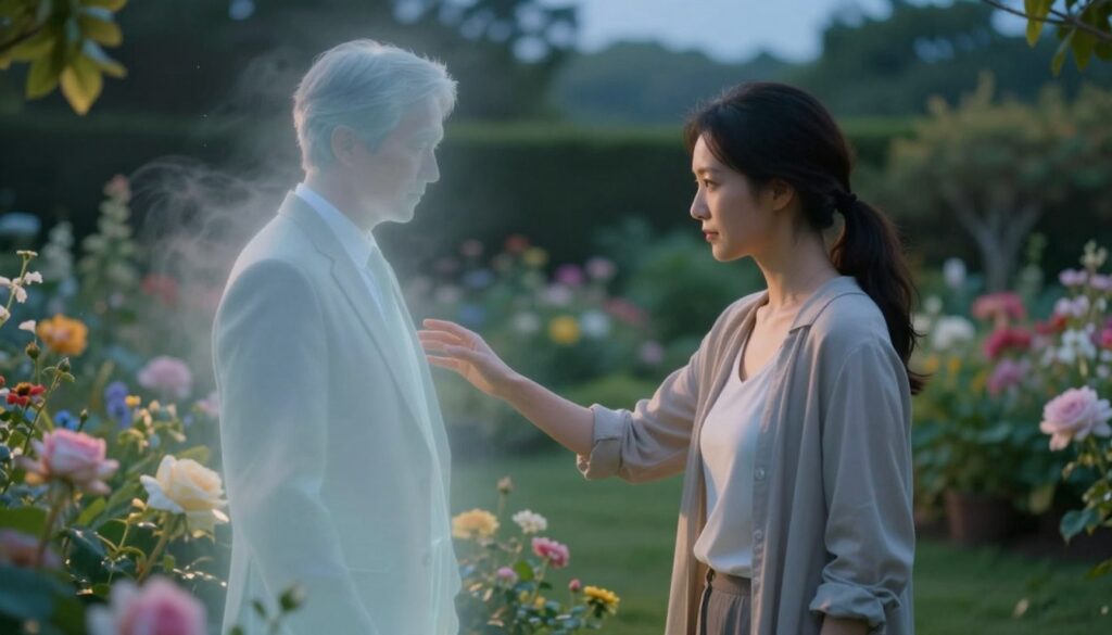 A serene, ethereal scene depicting a woman in modest casual clothing standing in a peaceful garden at dusk, illuminated by soft, warm light. In the foreground, she reaches out gently as if to embrace a translucent apparition of her late husband, who is depicted in professional business attire, conveying a sense of warmth and connection. The middle ground features blooming flowers and gentle, swirling mist, enhancing the dreamlike atmosphere. In the background, the garden softly blurs into a harmonic blend of greens and blues, suggesting tranquility and reflection. The overall mood is nostalgic and tender, invoking emotions of love, remembrance, and closure, with a focus on the symbolic connection between the living and the departed.