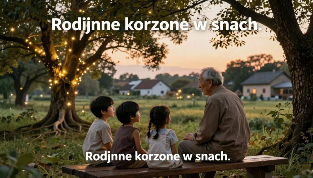 A serene family gathering within a dreamlike landscape embodying the theme of "Rodzinne korzenie w snach." In the foreground, an elderly man representing a deceased grandfather, dressed in modest, warm casual clothing, is seated on a wooden bench, sharing stories with two children who listen intently, their faces reflecting curiosity and admiration. The middle ground features softly glowing, leafy trees symbolizing family roots, with ethereal lights twinkling like stars among the branches. In the background, a peaceful village scene at dusk, emphasizing tradition and heritage, with a faint silhouette of ancestral homes visible. The overall mood is nostalgic and warm, illuminated by soft, golden lighting that creates a magical atmosphere, captured from a slight low angle to enhance the connection between the generations.