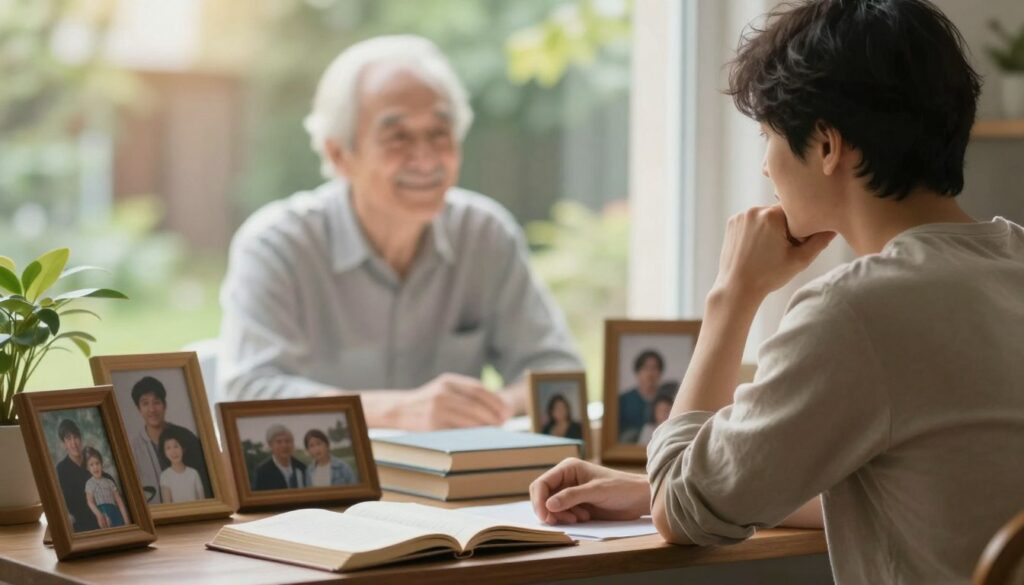 A serene, introspective scene illustrating the psychological analysis of dreams about a grandfather. In the foreground, a thoughtful individual, dressed in modest casual attire, sits in a cozy, softly lit study, surrounded by a mix of family photos and books on dream interpretation. The middle ground features a gentle depiction of a spectral grandfather figure, smiling warmly, evoking nostalgia and wisdom, semi-transparent and ethereal. The background is softly blurred, hinting at a tranquil garden through a window, with soft sunlight filtering in, creating an atmosphere of warmth and reflection. Capture this moment with a shallow depth of field, natural lighting, and a warm color palette to evoke a sense of comfort, contemplation, and emotional connection.