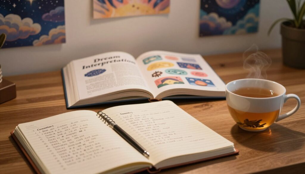 A serene, inviting desk setting to visually depict practical dream interpretation tips. In the foreground, a handsome, neatly arranged notebook with handwritten notes on dream symbols and meanings, alongside a calm cup of herbal tea. The middle ground showcases an open textbook titled "Dream Interpretation" with colorful illustrations of dream themes. In the background, soft ambient lighting creates a warm atmosphere, casting gentle shadows on a wall adorned with ethereal dream-related artwork, like floating clouds and a starry night sky. The scene exudes tranquility and curiosity, encouraging viewers to explore the meaning of dreams. The angle is slightly elevated, providing a comprehensive view of the entire desk setup, with a soft focus on the background elements to enhance depth.