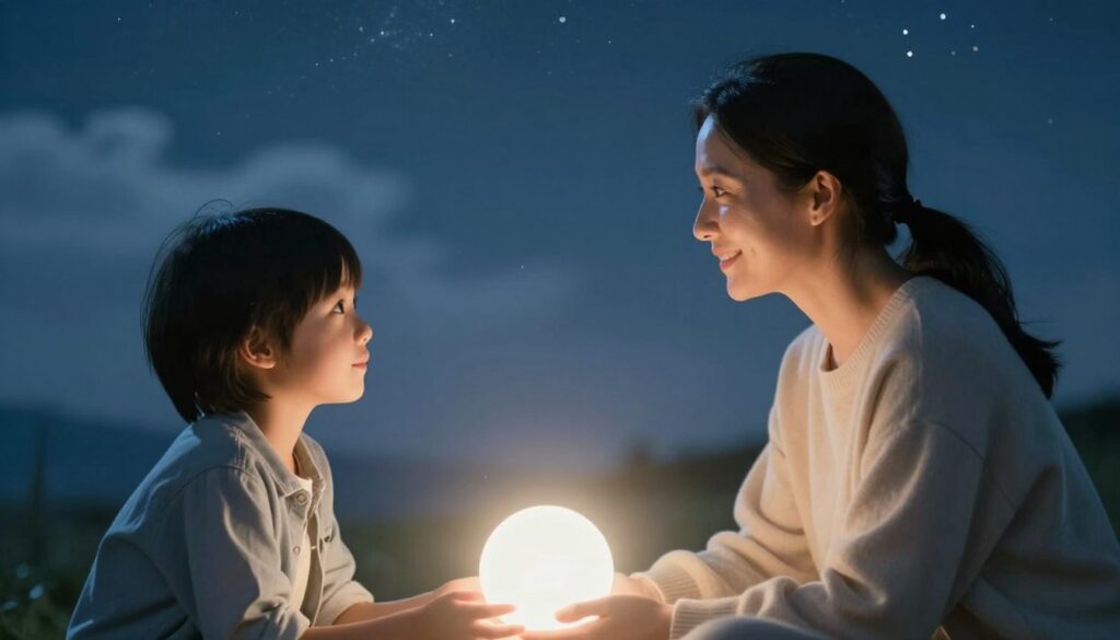 A serene night scene depicting a mother and her adult child engaged in a heartfelt dialogue in a dream setting. In the foreground, the mother, wearing a soft, light-colored sweater, has a warm smile and comforting demeanor, exuding a sense of wisdom and love. The child, dressed in casual, modest attire, looks attentive and reflective, absorbing the conversation. In the middle, a soft, glowing light envelops them, symbolizing the dreamlike quality of the encounter. The background features a tranquil, starry sky and ethereal clouds, enhancing the dream atmosphere. The overall mood is peaceful and introspective, evoking a sense of connection and closure. The lighting should be soft and diffused, reminiscent of moonlight, with a gentle bokeh effect to create depth. A serene night scene depicting a mother and her adult child engaged in a heartfelt dialogue in a dream setting. In the foreground, the mother, wearing a soft, light-colored sweater, has a warm smile and comforting demeanor, exuding a sense of wisdom and love. The child, dressed in casual, modest attire, looks attentive and reflective, absorbing the conversation. In the middle, a soft, glowing light envelops them, symbolizing the dreamlike quality of the encounter. The background features a tranquil, starry sky and ethereal clouds, enhancing the dream atmosphere. The overall mood is peaceful and introspective, evoking a sense of connection and closure. The lighting should be soft and diffused, reminiscent of moonlight, with a gentle bokeh effect to create depth.