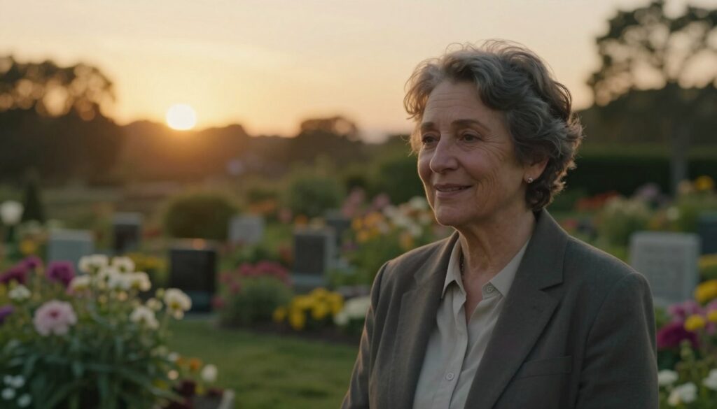 A serene scene depicting a deceased person as a vibrant, living figure, exuding warmth and comfort. In the foreground, the person stands in modest, professional attire, smiling gently as if engaged in a meaningful conversation. Their expressive eyes convey a sense of nostalgia and unresolved matters. The middle ground features a softly lit, lush garden with blooming flowers, symbolizing life and remembrance. The background presents a tranquil sunset, casting a golden hue that enhances the overall mood of reflection and longing. Use a soft-focus lens to create a dreamlike quality, with warm lighting that evokes feelings of peace and connection. The ambiance should reflect a blend of joy and melancholy, capturing the essence of a heartfelt memory. A serene scene depicting a deceased person as a vibrant, living figure, exuding warmth and comfort. In the foreground, the person stands in modest, professional attire, smiling gently as if engaged in a meaningful conversation. Their expressive eyes convey a sense of nostalgia and unresolved matters. The middle ground features a softly lit, lush garden with blooming flowers, symbolizing life and remembrance. The background presents a tranquil sunset, casting a golden hue that enhances the overall mood of reflection and longing. Use a soft-focus lens to create a dreamlike quality, with warm lighting that evokes feelings of peace and connection. The ambiance should reflect a blend of joy and melancholy, capturing the essence of a heartfelt memory.