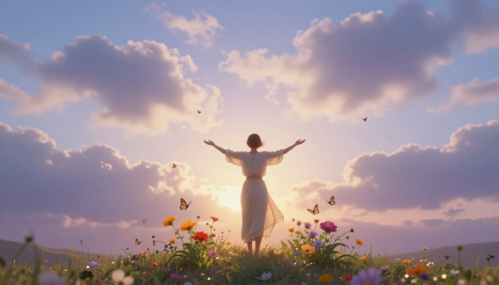 A serene scene depicting a dreamlike landscape where a gentle light filters through soft, ethereal clouds. In the foreground, a symbolic figure representing rebirth, portrayed as a person in modest, flowing clothing, stands with outstretched arms, embracing new opportunities. In the middle of the image, vibrant flowers bloom around the figure, symbolizing growth and new beginnings. Delicate butterflies flutter around, adding a sense of transformation. In the background, a soft, glowing horizon hints at a sun rising, casting warm golden hues that blend with soft blues and purples of the sky, creating an uplifting atmosphere. The overall mood should evoke feelings of hope, renewal, and positivity amidst the theme of dreams related to death. The composition is shot from a low angle to emphasize the figure and the rising sun, delivering a sense of tranquility and inspiration. A serene scene depicting a dreamlike landscape where a gentle light filters through soft, ethereal clouds. In the foreground, a symbolic figure representing rebirth, portrayed as a person in modest, flowing clothing, stands with outstretched arms, embracing new opportunities. In the middle of the image, vibrant flowers bloom around the figure, symbolizing growth and new beginnings. Delicate butterflies flutter around, adding a sense of transformation. In the background, a soft, glowing horizon hints at a sun rising, casting warm golden hues that blend with soft blues and purples of the sky, creating an uplifting atmosphere. The overall mood should evoke feelings of hope, renewal, and positivity amidst the theme of dreams related to death. The composition is shot from a low angle to emphasize the figure and the rising sun, delivering a sense of tranquility and inspiration.
