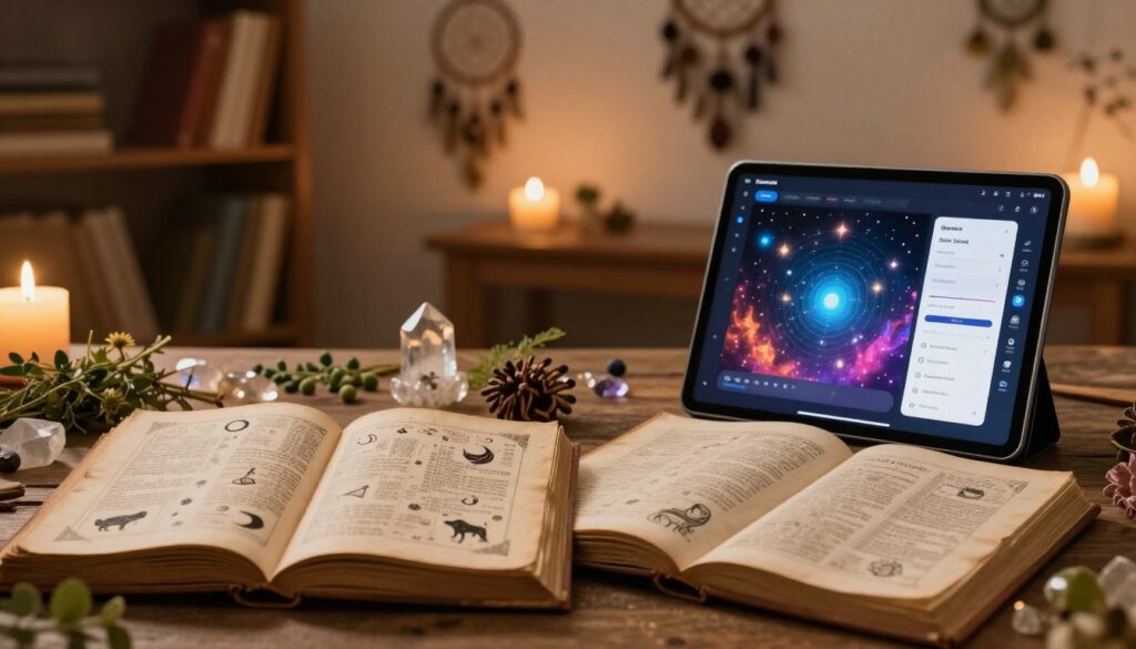A split image depicting both traditional and modern interpretations of a dream dictionary. In the foreground, an open ancient book with ornate illustrations of dream symbols like moons, stars, and animals, surrounded by mystical herbs and crystals, emanating an aura of wisdom. In the middle, a sleek modern tablet displays a digital dream journal interface, sleek and minimalistic, with vibrant visuals of dream analysis, blending seamlessly with the old book. In the background, a soft-lit room filled with bookshelves, candles flickering, and dream catchers hanging from the ceiling, creating a warm and inviting atmosphere. Use warm, soft lighting to enhance the mystical quality of the scene, highlighting the contrast between the two styles, evoking curiosity and reflection on dreams and their meanings.