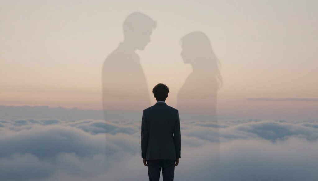 A surreal and emotional portrayal of a dream scene depicting the death of a parent and a partner. In the foreground, a somber figure in professional attire stands in a contemplative pose, gazing towards a fading, ethereal silhouette of a parent and a partner, represented through soft, ghostly outlines. The middle ground features a tranquil, dreamlike landscape with gentle, flowing clouds and hints of twilight colors, suggesting an atmosphere of introspection and grief. In the background, a soft, blurred horizon evokes the feeling of the unknown. The lighting is soft and diffused, with a warm glow emanating from the silhouettes, creating a bittersweet ambiance. The entire scene embodies a mood of melancholic reflection, inviting the viewer to ponder the deeper meanings of loss and memory.