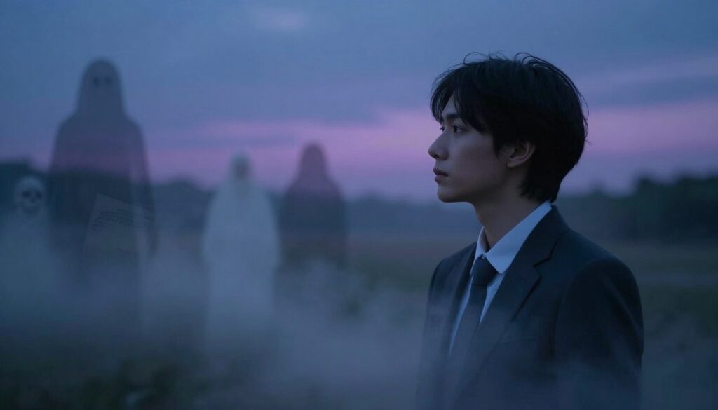 A surreal and introspective portrayal of night-time dreams involving death, emphasizing psychological aspects. In the foreground, a serene figure in professional attire, gazing thoughtfully into an ethereal mist, symbolizing uncertainty and contemplation. The middle layer features dream-like imagery such as ghostly silhouettes and faded memories, representing the emotional weight of loss and reflection. The background showcases a twilight landscape, blending dark blues and soft purples to evoke a sense of melancholy and introspection. Use soft, diffused lighting to create an almost dreamlike quality, with a touch of ethereal glow around the figure. Aim for a moody atmosphere that conveys deep emotional resonance while maintaining a safe and professional tone. A surreal and introspective portrayal of night-time dreams involving death, emphasizing psychological aspects. In the foreground, a serene figure in professional attire, gazing thoughtfully into an ethereal mist, symbolizing uncertainty and contemplation. The middle layer features dream-like imagery such as ghostly silhouettes and faded memories, representing the emotional weight of loss and reflection. The background showcases a twilight landscape, blending dark blues and soft purples to evoke a sense of melancholy and introspection. Use soft, diffused lighting to create an almost dreamlike quality, with a touch of ethereal glow around the figure. Aim for a moody atmosphere that conveys deep emotional resonance while maintaining a safe and professional tone.