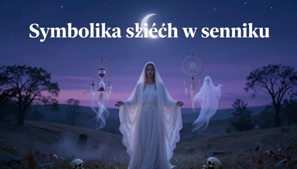 A surreal and thought-provoking representation of the theme "Symbolika śmierci w senniku." In the foreground, a dreamlike figure draped in flowing white robes, symbolizing the essence of death, stands gracefully, with an expression of calmness. Surrounding this figure are ethereal symbols of dreams and death, such as an hourglass, ghostly wisps, and ancient dream catchers, all softly illuminated. In the middle ground, a tranquil landscape emerges with soft hills and shadowy trees, bathed in gentle twilight hues of deep blue and soft purple. The background reveals a mysterious, starry night sky with a glowing crescent moon. The overall mood is mystical and contemplative, evoking a sense of wonder and introspection about the symbolism of death in dreams. Use soft, diffused lighting to enhance the dreamlike quality, with a slight fog effect for depth.