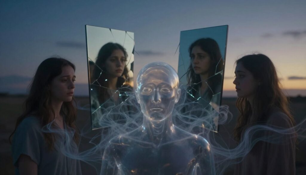 A surreal dreamscape depicting psychological aspects of death in dreams. In the foreground, a transparent figure symbolizing the mind, surrounded by ethereal wisps and dark shadows, represents fear and introspection. The middle ground features a fractured mirror reflecting various emotions—sadness, acceptance, and transformation—in muted colors. In the background, a twilight sky transitions from deep indigo to a soft golden hue, representing the transition between life and death. Soft, ambient lighting casts gentle shadows, enhancing the dreamlike atmosphere. The composition should convey a sense of contemplation and mystery, inviting the viewer to explore the complexities of the subconscious mind. Use a wide-angle lens effect to emphasize depth and perspective.