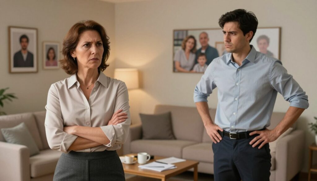 A tense scene depicting a disagreement between a mother-in-law and her son-in-law. In the foreground, the mother-in-law, a middle-aged woman with an assertive expression, is standing with her arms crossed, wearing a smart business blouse and skirt. The son-in-law, a young man in a casual yet neat shirt and trousers, stands with a frustrated look, hands on his hips. In the middle ground, a cozy living room setting with soft lighting creates an intimate atmosphere, with a coffee table between them cluttered with cups and papers. The background shows family photos on the walls, hinting at a deep-rooted connection. The overall mood is charged and tense, conveying the emotion of conflict and conversation. The scene is captured with a warm light to enhance the personal yet intense atmosphere.