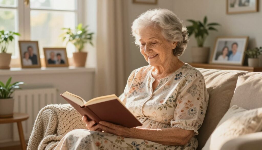 An elderly woman, embodying the essence of wisdom, sits gracefully in a cozy, sunlit living room adorned with family photos and plants. She has a warm smile, wearing a modest, elegant dress adorned with soft floral patterns. In her hands, she delicately holds an open book, signifying knowledge and stories passed down through generations. The foreground features a knitted blanket draped over her lap, representing comfort and care. In the background, a window lets in golden afternoon light, creating a soft, inviting ambiance that enhances the mood of love and family values. The scene is captured from a slightly elevated angle, emphasizing her gentle presence in the heart of the home, evoking feelings of safety, guidance, and connection.