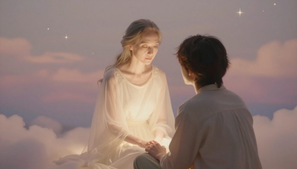 An ethereal scene depicting a dreamlike encounter between a person and their deceased mother. In the foreground, the person, dressed in modest casual clothing, gazes thoughtfully at an apparition of their mother, who appears serene and comforting, wearing a flowing, soft gown. In the middle ground, a gentle glow emanates from the mother, illuminating their kind face. The background features a surreal and softly blurred landscape of pastel-colored clouds and twinkling stars, evoking a sense of tranquility and nostalgia. The lighting is soft and warm, creating an intimate atmosphere. The camera angle is slightly elevated, giving a sense of looking down on this tender interaction, emphasizing the dreamlike quality of the moment. An ethereal scene depicting a dreamlike encounter between a person and their deceased mother. In the foreground, the person, dressed in modest casual clothing, gazes thoughtfully at an apparition of their mother, who appears serene and comforting, wearing a flowing, soft gown. In the middle ground, a gentle glow emanates from the mother, illuminating their kind face. The background features a surreal and softly blurred landscape of pastel-colored clouds and twinkling stars, evoking a sense of tranquility and nostalgia. The lighting is soft and warm, creating an intimate atmosphere. The camera angle is slightly elevated, giving a sense of looking down on this tender interaction, emphasizing the dreamlike quality of the moment.