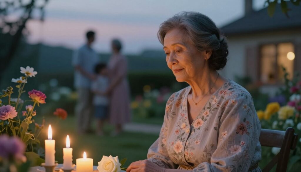 An ethereal woman in her sixties, representing a deceased mother-in-law, with a serene, wise expression. She wears a modest, elegant dress adorned with soft floral patterns, symbolizing her nurturing presence. In the foreground, delicate candles flicker, casting a warm, gentle glow, while a single white rose lies beside them, representing remembrance. The middle ground features a soft-focus garden scene, where vibrant flowers bloom under a twilight sky, creating a serene atmosphere. In the background, a softly blurred silhouette of a family home evokes warmth and nostalgia. The lighting is soft and inviting, suggesting a peaceful and reflective mood. This composition invites contemplation and connection with memories, conveying the essence of dreams and messages from loved ones, living or departed.