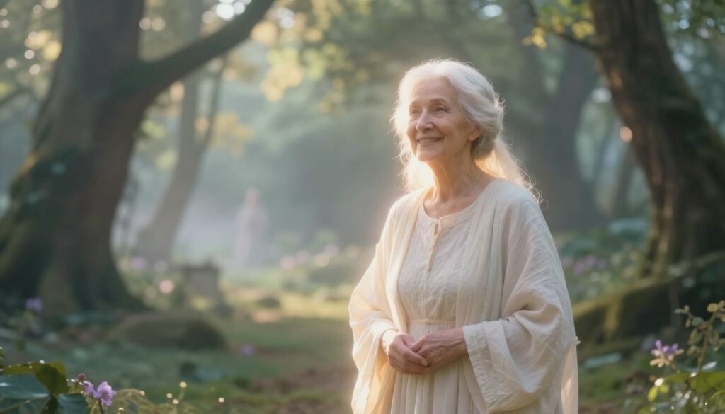 In a serene dreamscape, depict an ethereal grandmother figure, glowing softly with a warm, benevolent aura. She stands in the foreground, dressed in modest, flowing robes that suggest wisdom, with gentle, inviting features and a loving smile. Surround her with a slightly blurred, mystical forest setting in the middle ground, filled with soft, dappled sunlight filtering through lush trees, creating an atmosphere of tranquility and comfort. The background should feature a slightly foggy, enchanted landscape, hinting at otherworldly realms, where dream and reality blur. The scene radiates calm and spirituality, with pastel colors dominating, suggesting a peaceful connection between the dreamer and the spirit world. The lighting is soft and ethereal, evoking a sense of nostalgia and warmth.