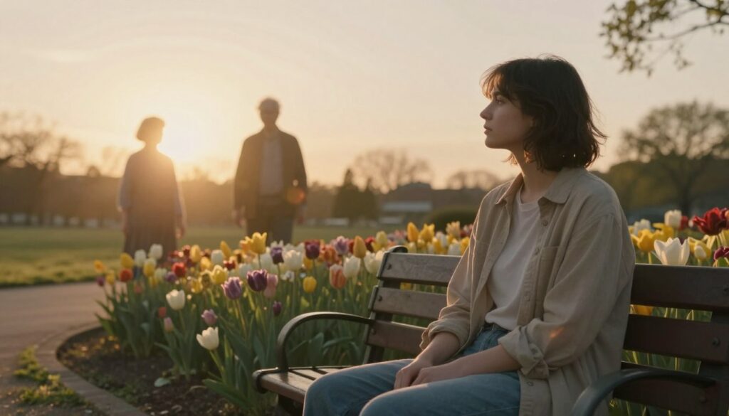 In a serene, reflective setting, a pensive individual sits on a park bench surrounded by blooming flowers, symbolizing change and renewal. The foreground features the person in a modest, casual outfit, looking contemplative as they gaze into the distance. In the middle ground, soft, impressionistic shadows of departed loved ones are subtly suggested, evoking a sense of memory without being explicit. The background presents a peaceful landscape with a setting sun casting warm, golden light across the scene, enhancing the atmosphere of introspection and hope. The overall mood is one of tranquility and reflection, with soft focus on the figures and a gentle lens flare to add depth and emotion to the image. In a serene, reflective setting, a pensive individual sits on a park bench surrounded by blooming flowers, symbolizing change and renewal. The foreground features the person in a modest, casual outfit, looking contemplative as they gaze into the distance. In the middle ground, soft, impressionistic shadows of departed loved ones are subtly suggested, evoking a sense of memory without being explicit. The background presents a peaceful landscape with a setting sun casting warm, golden light across the scene, enhancing the atmosphere of introspection and hope. The overall mood is one of tranquility and reflection, with soft focus on the figures and a gentle lens flare to add depth and emotion to the image.