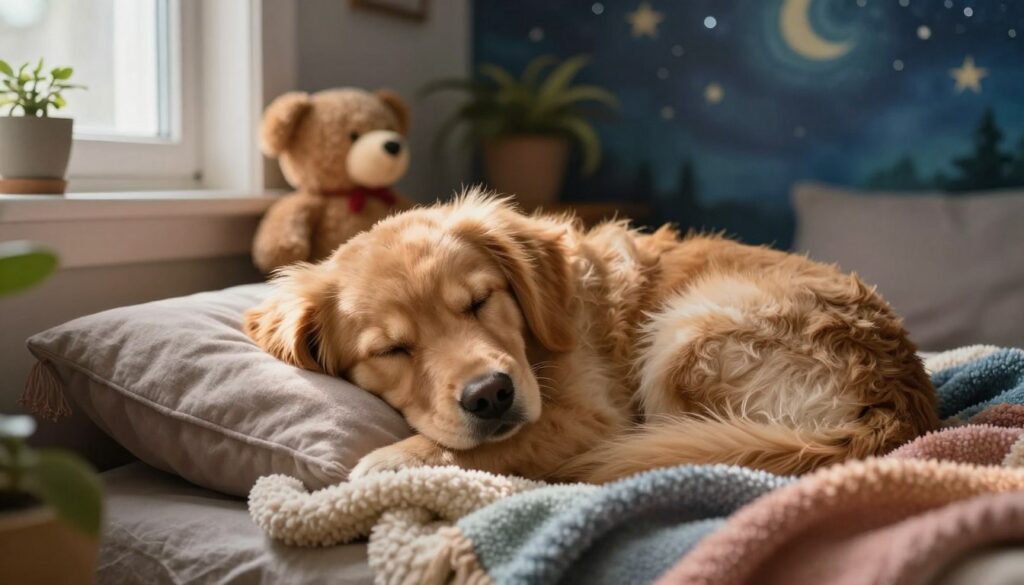A cozy scene depicting an adorable dog peacefully cuddled up while dreaming, symbolizing friendship and affection. The dog is a fluffy golden retriever, nestled comfortably among soft, colorful blankets in a serene room. In the foreground, a gentle light filters through a window, casting a warm glow that highlights the dog's relaxed features and content expression. In the middle ground, plush toys and a small plant add a touch of homeliness. The background features a softly painted mural of a night sky, enhancing the dreamlike atmosphere. The overall mood is peaceful and heartwarming. The scene captures the essence of companionship and comfort, making it perfect for illustrating the symbolism of a cuddling dog in dreams.