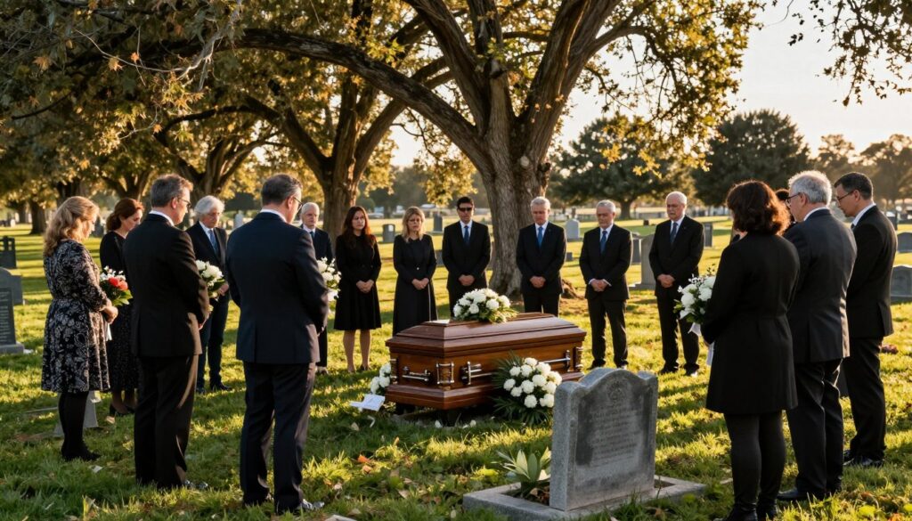 A culturally rich funeral scene set in an outdoor cemetery during golden hour to capture a reflective mood. In the foreground, a dignified group of mourners dressed in formal attire stands in a semi-circle, some holding flowers, while others appear contemplative. In the middle ground, a wooden casket adorned with white flowers sits beside an ornate headstone, symbolizing the final farewell. The background features old elm trees, their leaves gently rustling in a soft breeze, casting elongated shadows. The lighting is warm and golden, creating a serene and respectful atmosphere. The image conveys a sense of cultural significance and tradition surrounding funerals, representing varied emotions from sorrow to celebration of life. The angle is slightly elevated, providing a comprehensive view of the entire scene.
