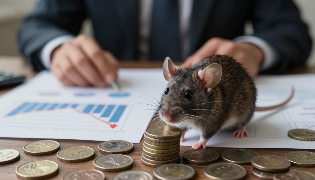 A detailed scene featuring a realistic mouse in various contexts reflecting different emotions and circumstances. In the foreground, a curious mouse peeks out from behind a stack of coins, symbolizing a financial theme. In the middle ground, a table is set with charts and graphs, illustrating economic concepts, with one section showing a downward trend. The background features a shadowy figure of a person in professional attire, observing the mouse intently, conveying a sense of analysis. The lighting is soft and diffused, suggesting a serious, contemplative atmosphere. An overhead angle captures the mouse's perspective, enhancing the emotional depth of the scene. Overall, the image should evoke curiosity and reflection on financial loss through the lens of the mouse's various contexts.