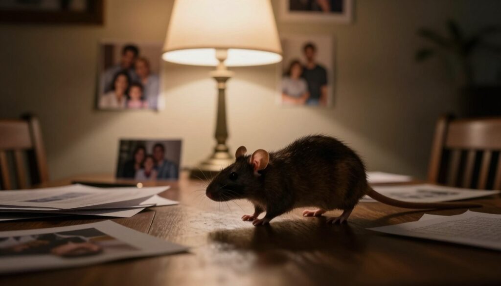 A detailed scene in an indoor living space, featuring a rat silhouetted against the soft glow of a table lamp, creating an atmosphere of unease. The foreground includes the rat, its fur is a mix of browns and blacks, visible as it scurries across a cluttered dining table, where scattered papers hint at secrets and deception. In the middle ground, blurred family photographs on the wall suggest a tense domestic environment, evoking feelings of mistrust. The background contains shadows of furniture, with warm, muted lighting casting a worried ambiance. A sense of foreboding permeates the image, highlighting the rat as a symbol of hidden dangers lurking in relationships. The lens should capture this moment from a slightly low angle, enhancing the rat’s prominence in the scene while keeping the atmosphere tense yet subtle.