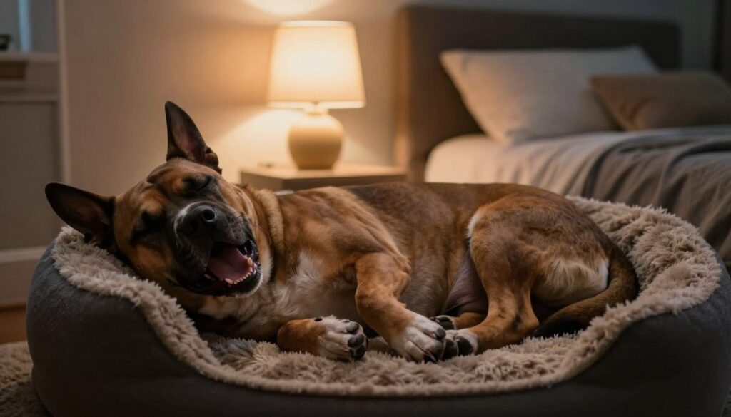 A dreamlike scene depicting a dog in a deep sleep, showcasing its various behaviors that reflect barking, attacking, and biting. In the foreground, a large, muscular dog, representative of a guard breed, lays curled up on a soft, fluffy dog bed. Its ears are perked up, and its paws twitch as if dreaming of chasing. In the middle, a gentle glow from a warm bedside lamp creates a serene atmosphere, illuminating the dog's focused expression. The background features a cozy bedroom setting with muted colors, soft pillows, and a peaceful ambiance. The overall lighting is soft and warm, enhancing the dreamy quality, while the perspective captures the scene from a slightly elevated angle, providing a cinematic touch that highlights the dog's resting form.
