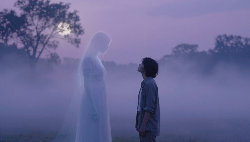A dreamlike scene depicting a mystical encounter with a deceased friend in a serene, ethereal landscape. In the foreground, a figure in modest casual clothing stands with a gentle expression, gazing up at a translucent, ghostly apparition of a friend, dressed in elegant attire, conveying warmth and nostalgia. The middle ground features soft, floating wisps of clouds, seamlessly blending into a dreamy twilight ambiance filled with soft hues of lavender and blue. In the background, faint silhouettes of trees emerge, their branches softly illuminated by a silvery moonlight, adding to the serene atmosphere. The lighting is soft and diffused, evoking a calm and reflective mood. The composition suggests a connection to the past, emphasizing the symbolism of dreams as bridges to lost memories.