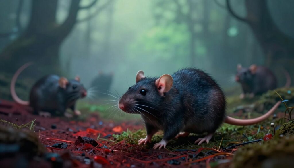 A haunting dreamscape featuring a mysterious rat in various shades of color, symbolizing the significance of their hue in dreams. In the foreground, a dark, enigmatic rat with glossy fur stands out against a vibrant, surreal landscape, showcasing colors like deep reds, blues, and greens that represent different meanings. The middle ground includes shadowy forms of other rats in muted tones, suggesting deception and betrayal, blending subtly into a foggy atmosphere. The background features an ethereal, dream-like setting, with soft, diffused lighting creating a sense of unease. The angle is slightly low, emphasizing the rat's dominating presence, while surreal elements like distorted shadows and blurred shapes enhance the mood of mystery and introspection. The overall feel is one of intrigue and caution, inviting the viewer to ponder the deeper meanings behind the colors of rats in dreams.