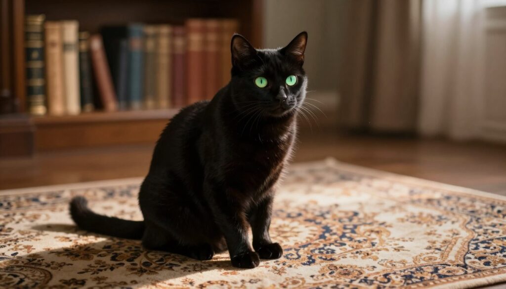A mystical black cat sitting gracefully on an ornate, antique rug in a softly lit room, casting elongated shadows. The cat's fur appears glossy and well-groomed, with bright green eyes that reflect a hint of curiosity and wisdom. In the background, a softly blurred bookshelf filled with ancient books and dream interpretation texts hints at the theme of dreams and their meanings. The warm, golden lighting creates a cozy and introspective atmosphere, suggesting a peaceful yet enigmatic mood. Capture the scene at a slight angle to emphasize the cat's posture and the intricate details of the surroundings, evoking a sense of wonder and contemplation in interpreting dreams involving cats.