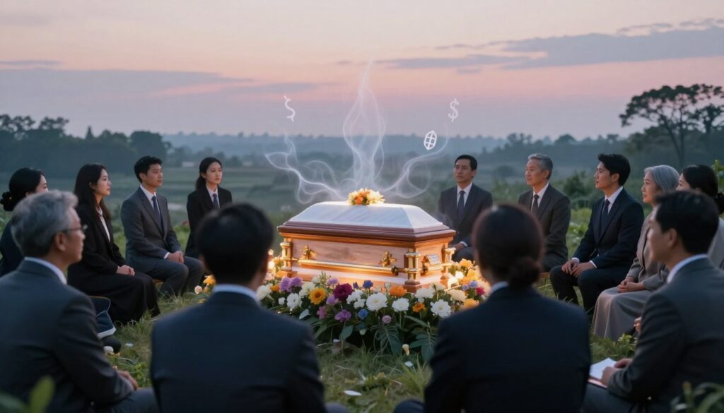 A serene and contemplative scene depicting the cultural interpretations of dreams associated with funerals. In the foreground, a diverse group of individuals in professional attire, representing various cultures, engage in deep conversation, reflecting on dreams and their meanings. In the middle ground, a symbolic representation of a traditional funeral setting, featuring a softly lit casket surrounded by flowers, is juxtaposed with wispy ethereal dreamlike elements such as floating symbols and subtle silhouettes suggesting change and transformation. The background showcases a faint outline of a peaceful landscape under a twilight sky, with soft pastel colors to evoke a sense of calmness and introspection. The overall mood should be reflective and thought-provoking, illuminated with gentle, diffused lighting to enhance the dreamlike quality of the image. A serene and contemplative scene depicting the cultural interpretations of dreams associated with funerals. In the foreground, a diverse group of individuals in professional attire, representing various cultures, engage in deep conversation, reflecting on dreams and their meanings. In the middle ground, a symbolic representation of a traditional funeral setting, featuring a softly lit casket surrounded by flowers, is juxtaposed with wispy ethereal dreamlike elements such as floating symbols and subtle silhouettes suggesting change and transformation. The background showcases a faint outline of a peaceful landscape under a twilight sky, with soft pastel colors to evoke a sense of calmness and introspection. The overall mood should be reflective and thought-provoking, illuminated with gentle, diffused lighting to enhance the dreamlike quality of the image.