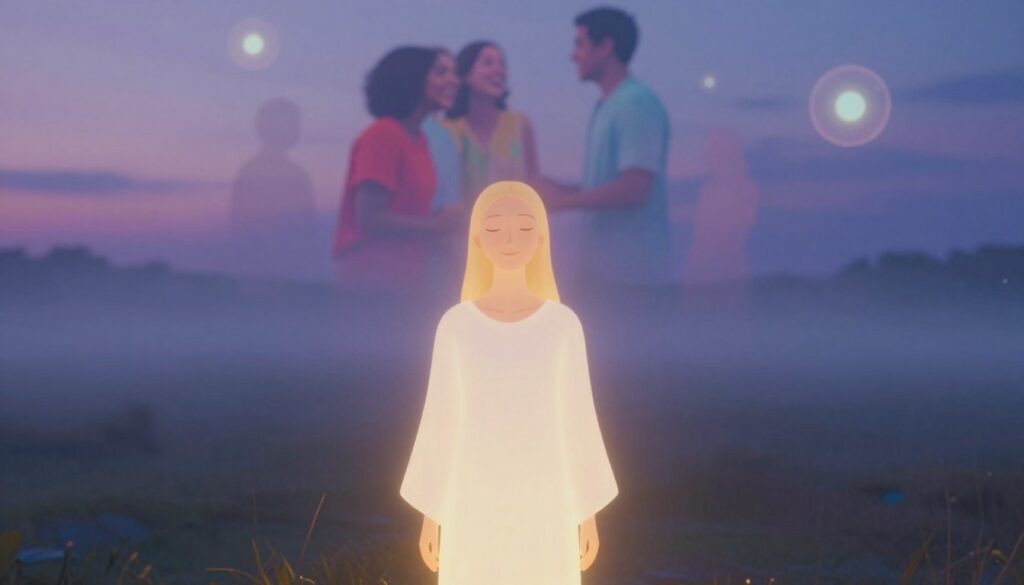 A serene and ethereal dreamscape depicting a spiritual perspective of a deceased friend. In the foreground, a gently glowing figure dressed in modest white attire stands with a soft smile, emanating warmth and peace. Just behind her, a faint memory of a vibrant, colorful scene from their past life, filled with laughter and connection. The middle ground showcases a misty, dreamlike landscape, softly blending twilight hues of purple and blue, symbolizing introspection and reflection. In the background, semi-transparent silhouettes of floating, glowing orbs representing memories, drifting through the air. The lighting is soft and diffuse, creating an ethereal atmosphere, while a slight blur evokes the feeling of a dream. The perspective is slightly tilted to enhance the surreal quality of the scene.