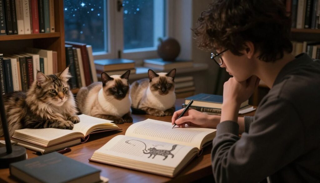 A serene and introspective scene showcasing a cozy, dimly lit study room filled with books and dream journals. In the foreground, a thoughtful individual with glasses sits at a desk, analyzing a large, open book about dream interpretation, with illustrations of cats alongside. Majestic cats of various breeds — a fluffy Maine Coon, a sleek Siamese, and a playful Tabby — are curled up around the desk, symbolizing comfort and mystery. The middle ground shows shelves lined with books, while the background features a softly glowing window that hints at a starry night outside, casting a tranquil blue hue. The atmosphere is contemplative and inviting, perfect for exploring the psychology of dreams involving cats. Soft, warm lighting enhances the cozy ambiance, focusing on both the human subject and the enchanting feline companions.
