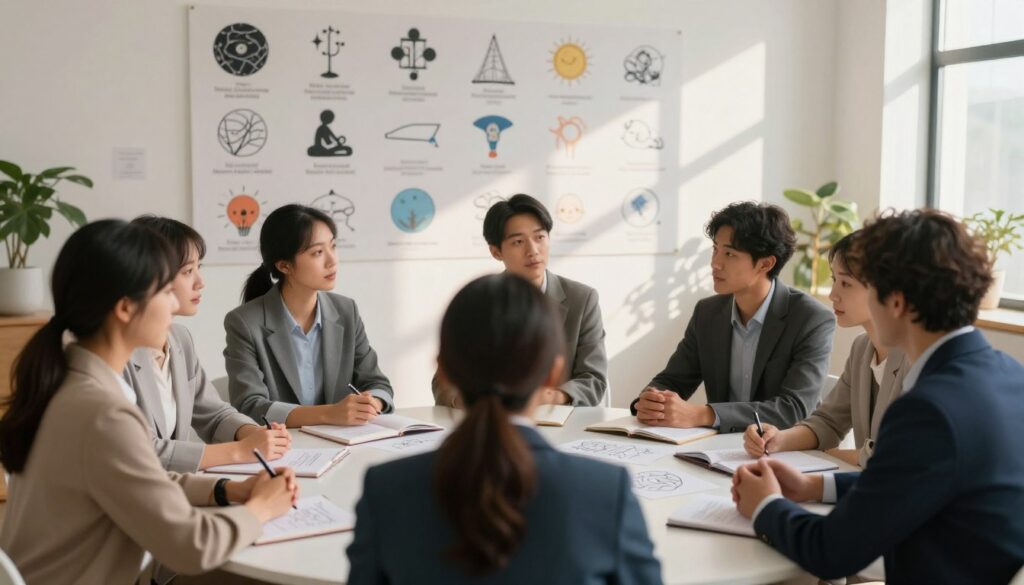 A serene, contemplative scene illustrating the application of dream interpretation in everyday life. In the foreground, a diverse group of individuals in professional attire is seated at a round table, engaged in discussion, surrounded by open notebooks filled with sketches and notes on dreams. The middle layer features a large wall adorned with dream symbols and their interpretative meanings, artistically displayed. In the background, a soft sunlight streams through a window, casting gentle shadows, enhancing the warm, inviting atmosphere. Create a harmonious blend of colors, emphasizing introspection and enlightenment. Use a slight depth of field effect to focus on the group while softly blurring the background. The scene should evoke a sense of curiosity and exploration, inviting viewers to consider how dream knowledge can guide daily life decisions. A serene, contemplative scene illustrating the application of dream interpretation in everyday life. In the foreground, a diverse group of individuals in professional attire is seated at a round table, engaged in discussion, surrounded by open notebooks filled with sketches and notes on dreams. The middle layer features a large wall adorned with dream symbols and their interpretative meanings, artistically displayed. In the background, a soft sunlight streams through a window, casting gentle shadows, enhancing the warm, inviting atmosphere. Create a harmonious blend of colors, emphasizing introspection and enlightenment. Use a slight depth of field effect to focus on the group while softly blurring the background. The scene should evoke a sense of curiosity and exploration, inviting viewers to consider how dream knowledge can guide daily life decisions.