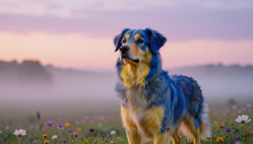 A serene dreamscape featuring a colorful dog symbolizing different emotions associated with dreaming of a deceased pet. In the foreground, a vibrant, medium-sized dog with a fluffy coat displays various colors—deep blue for calmness, bright yellow for happiness, and soft gray for nostalgia—each color subtly blending into the next. The middle ground showcases a misty landscape with gentle hills and blooming flowers, enhancing the sense of memory and longing. In the background, a soft, pastel sky transitions from dusk to dawn, casting a warm, ethereal glow over the scene. Use soft, diffused lighting to create a tranquil atmosphere, capturing the bittersweet essence of dreaming about a beloved pet, shot from a low angle to emphasize the dog's presence in this dream realm.