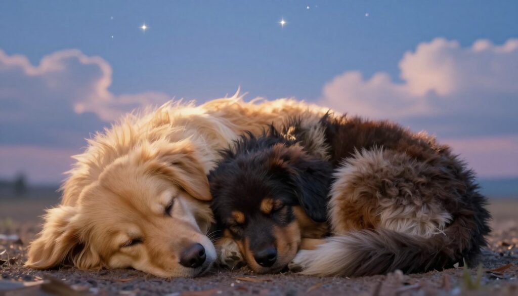 A serene dreamscape featuring a cozy, fluffy dog in various colors, such as golden, black, and brown, gently curled up in a peaceful slumber. The foreground showcases the dog’s soft, inviting fur and relaxed facial expression, symbolizing friendship. In the middle ground, a soft, glowing aura surrounds the dog, hinting at their dream, enhancing the feeling of warmth and comfort. The background is a tranquil twilight scene, with soft clouds and twinkling stars illuminating a calming blue sky, evoking a sense of peace and tranquility. The lighting is soft and ethereal, giving the overall image a dreamy quality, perfect for illustrating the significance of dog colors in dreams. Angle the view slightly from above to capture the entire composition harmoniously.