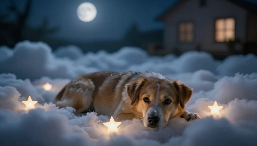 A serene dreamscape featuring a peaceful nighttime scene with a medium-sized dog resting on a soft, cloud-like bed. In the foreground, the dog, displaying a gentle expression, is surrounded by glowing stars, symbolizing the memories of a beloved pet. The middle ground captures wispy clouds reflecting a moonlit glow, enhancing the dreamlike quality, while the background includes a subtle, softly blurred silhouette of a cozy home, evoking warmth and nostalgia. Use soft, ethereal lighting to create a calming atmosphere, with a focal length that gives a sense of intimacy. The composition should feel tranquil and contemplative, inviting the viewer to reflect on the meaning of dreams involving dogs and their significance in the emotional landscape of loss.