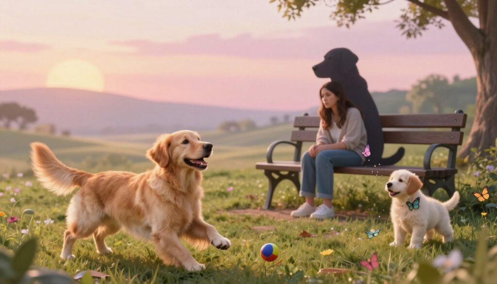 A serene dreamscape featuring various prominent dog dream scenarios. In the foreground, a joyful golden retriever plays fetch with a colorful ball, embodying happiness and companionship. In the middle ground, a worried woman sits on a park bench, gazing at a shadowy figure of a large dog, representing anxiety or fear. To the side, a playful puppy is surrounded by butterflies, symbolizing innocence and joy. The background reveals a soft, ethereal landscape with gentle hills and a pastel sunset, creating a tranquil and hopeful atmosphere. The scene is illuminated by soft, golden lighting, casting a warm glow on the subjects, shot from a slightly elevated angle to capture all elements harmoniously.