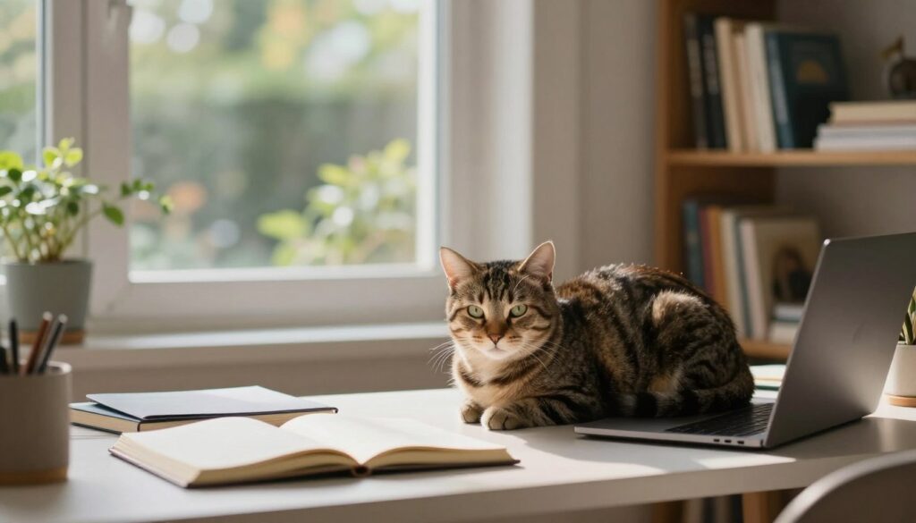 A serene, dreamy scene featuring a cozy home office illuminated by soft, warm light. In the foreground, a tabby cat is curled up on a stylish desk, amidst open notebooks and a laptop, symbolizing personal and professional reflection. A window in the middle ground reveals a tranquil garden outside, hinting at the balance between life and work. The background fades into a soft-focus bookshelf filled with books about dreams and cats, adding depth. The overall atmosphere is calm and introspective, embodying the role of dreams about cats in both personal and professional life. The image is captured with a gentle depth of field to enhance the focus on the cat and the desk.