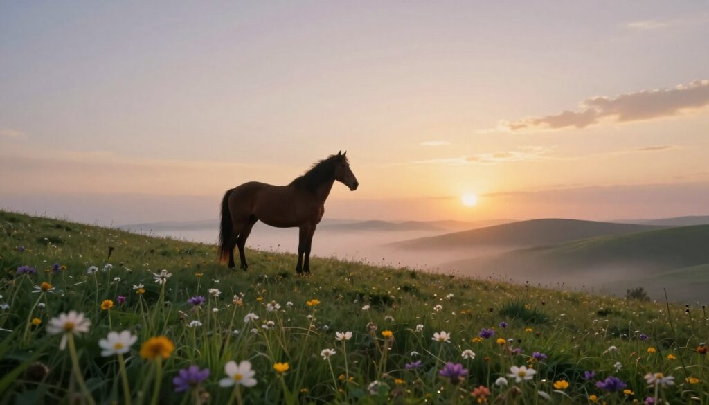 A serene, ethereal landscape featuring a majestic horse standing atop a lush green hill, symbolizing freedom and strength. In the foreground, delicate wildflowers bloom, creating a vibrant patch of colors. The middle ground showcases the horse gazing towards a distant horizon illuminated by the soft golden light of a setting sun, casting warm hues across the scene. In the background, rolling hills fade into a misty twilight, enveloped in a dreamlike quality. The atmosphere is calm and reflective, inviting contemplation about the cultural aspects of dream interpretations involving horses. The image is captured with a wide-angle lens, emphasizing the expansive sky, and is bathed in a soft, diffused light to enhance the mystical mood.
