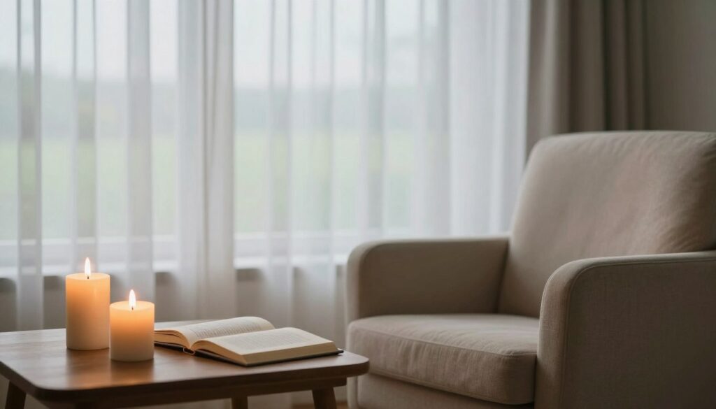 A serene room filled with soft, natural light filtering through sheer curtains, creating a calm, reflective atmosphere. In the foreground, a wooden table displays two lit candles and a small open book with pages hinting at soothing advice for coping with dreams about funerals. In the middle, a comfortable armchair is positioned beside the table, inviting contemplation. The background features a subtle depiction of an abstract, tranquil landscape, blending soft greens and blues to symbolize peace and acceptance. The overall mood radiates warmth and comfort, perfect for providing practical insights on navigating the emotional challenges associated with dreams of funerals. The image is devoid of any people, maintaining a focus on the tranquil setting.