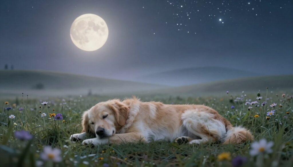 A serene scene depicting a tranquil dream state, focusing on a ghostly, ethereal dog lying peacefully in a meadow under a soft, glowing moonlight. In the foreground, the spectral form of the dog, a golden retriever, is surrounded by delicate wildflowers, symbolizing love and remembrance. The middle ground features softly rolling hills that blend into a misty horizon, conveying a sense of longing. In the background, starry skies filled with twinkling stars enhance the dreamlike atmosphere. Use soft, diffused lighting to create a gentle, nostalgic ambiance, and capture the scene from a slightly elevated angle to evoke depth. The overall mood should be both melancholic and comforting, reflecting the theme of yearning for a lost companion.
