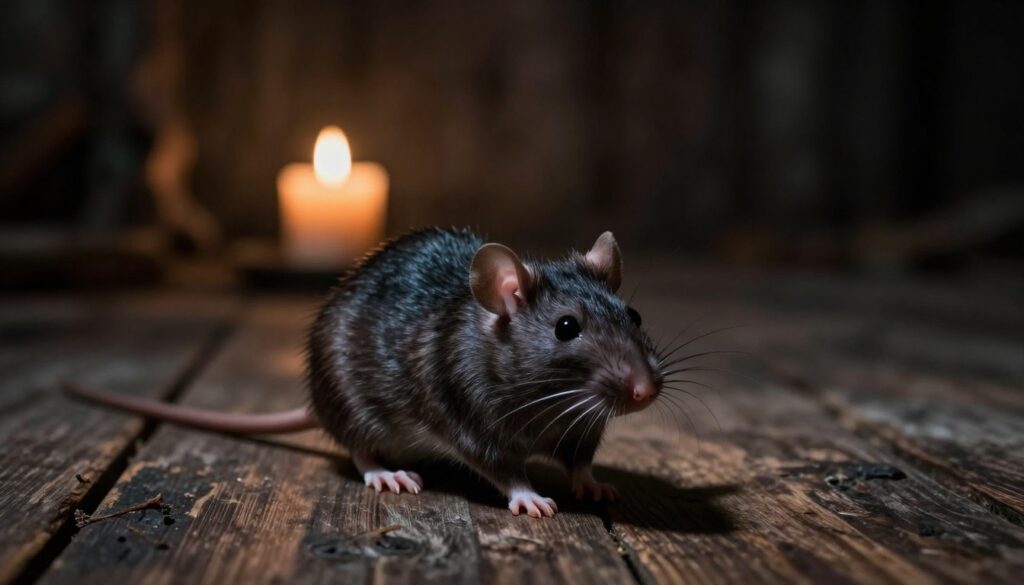 A solitary rat, sleek and detailed, sits on a weathered wooden floor, its dark, glossy fur reflecting a dim, eerie light. The rat's piercing eyes convey a sense of cunning and alertness, hinting at themes of betrayal and unease. In the middle ground, shadows cast by flickering candlelight create a mysterious atmosphere, enhancing the sense of quiet tension. Surround the scene with softly blurred, dark, undefined shapes that suggest an abandoned space, evoking feelings of isolation and uncertainty. Use a shallow depth of field to focus on the rat in foreground, while the background remains indistinct yet foreboding. The overall mood is one of suspense and contemplation, encapsulating the complex emotions tied to deception and mistrust.