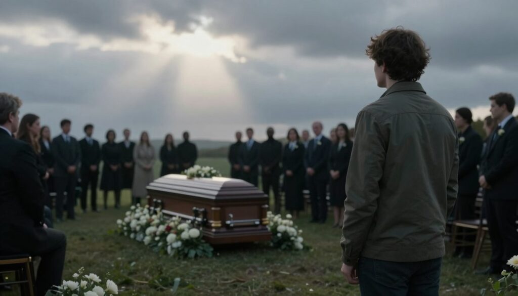 A surreal and contemplative scene depicting a person watching their own funeral from a distance. In the foreground, the figure, dressed in modest casual clothing, stands in a shadowy area, observing with a mix of sadness and curiosity. The middle ground features a somber funeral setting, with an elegant casket surrounded by flowers and muted, respectful mourners in professional attire, their faces blurred to emphasize anonymity. The background shows a gray, cloudy sky giving a melancholic mood, while soft light breaks through, casting gentle rays on the scene. The overall atmosphere is introspective, capturing the weight of mortality and reflection, with a focus on the contrast between life and death. The angle is slightly elevated, providing a panoramic view of the funeral setting.