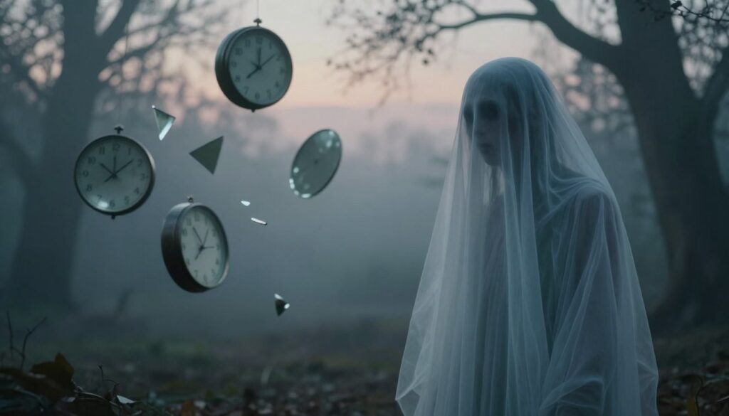 A surreal dreamscape depicting the psychological aspects of dreams about death. In the foreground, a ghostly figure symbolizing loss, draped in translucent, flowing fabric to evoke a sense of mystery and melancholy. The middle ground features a dimly lit, ethereal realm filled with floating clocks and fragmented mirrors reflecting a distorted reality, representing the passage of time and introspection. In the background, softly blurred silhouettes of trees with twisted branches, bathed in a twilight glow, create a haunting yet calming atmosphere. The lighting is soft and diffused, casting gentle shadows, emphasizing the dream-like quality. The overall mood is contemplative and introspective, inviting the viewer to explore deeper meanings within the context of loss and the subconscious mind. A surreal dreamscape depicting the psychological aspects of dreams about death. In the foreground, a ghostly figure symbolizing loss, draped in translucent, flowing fabric to evoke a sense of mystery and melancholy. The middle ground features a dimly lit, ethereal realm filled with floating clocks and fragmented mirrors reflecting a distorted reality, representing the passage of time and introspection. In the background, softly blurred silhouettes of trees with twisted branches, bathed in a twilight glow, create a haunting yet calming atmosphere. The lighting is soft and diffused, casting gentle shadows, emphasizing the dream-like quality. The overall mood is contemplative and introspective, inviting the viewer to explore deeper meanings within the context of loss and the subconscious mind.