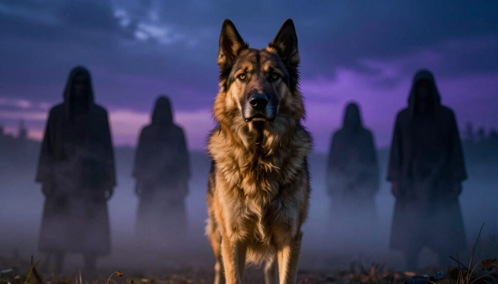 A surreal dreamscape featuring a majestic, yet imposing dog symbolizing loyalty and danger. In the foreground, the dog stands alert with sharp, intense eyes, fur bristling, conveying a sense of both protection and threat. Its posture suggests readiness, while a gentle, golden light casts a warm glow, hinting at the duality of its nature. In the middle ground, shadowy figures lurk, representing unseen enemies, shrouded in mist, to evoke tension. The background fades into a twilight sky with swirling clouds in shades of deep blue and purple, enhancing the dreamlike quality. The overall atmosphere is both mystical and ominous, inviting reflection on the symbolism of dogs in dreams, without any text or distractions.