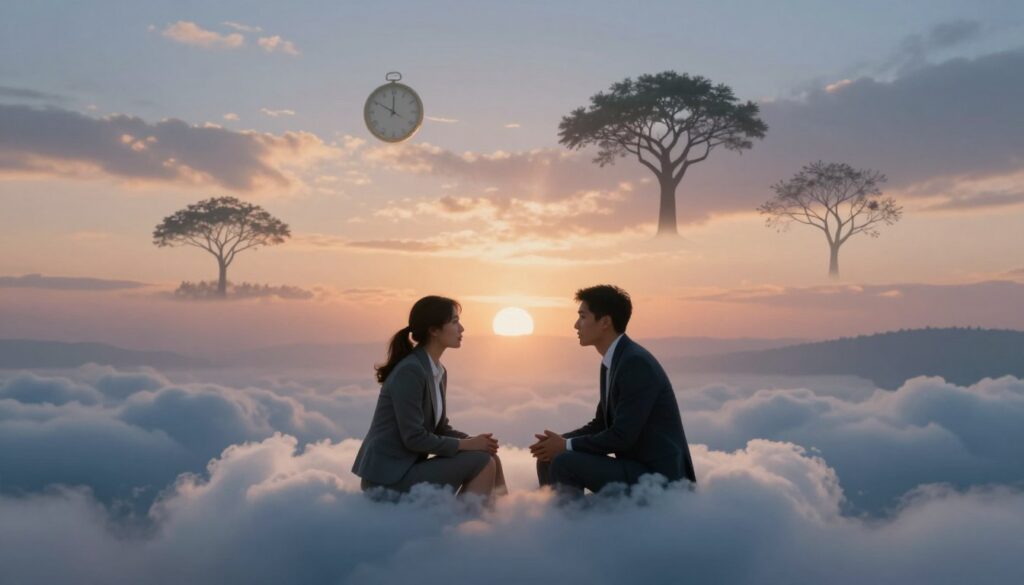 A surreal dreamscape illustrating human relationships, featuring a foreground with two figures, a man and a woman, engaged in a deep conversation while sitting on a cloud. They wear professional business attire, embodying introspection and connection. The middle layer shows ethereal symbols representing dreams and memories, such as floating clocks, intertwined tree branches, and misty landscapes. In the background, a soft, twilight sky transitions from warm oranges to deep blues, creating a calming atmosphere. Subtle light rays filter through, casting a gentle glow on the figures. The overall mood is reflective and serene, with a sense of wonder, suggesting the exploration of dreams and their impact on interpersonal relationships.
